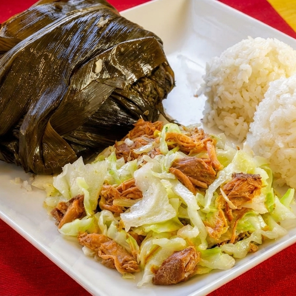 A Hawaiian plate lunch with lau lau, kalua pig and cabbage, and two scoops of rice.