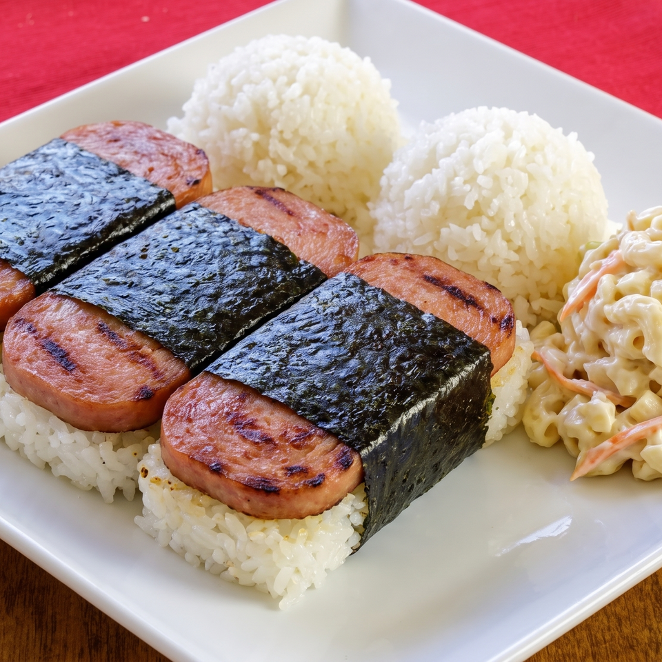 Three Spam musubi, two scoops of white rice, and macaroni salad on a white plate.