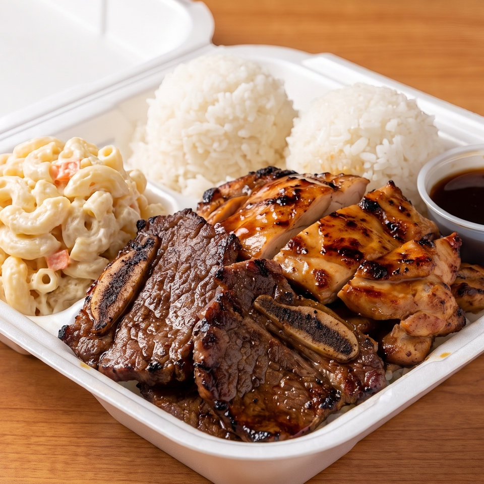 A white takeout container holds grilled chicken, short ribs, rice, macaroni salad, and dipping sauce.