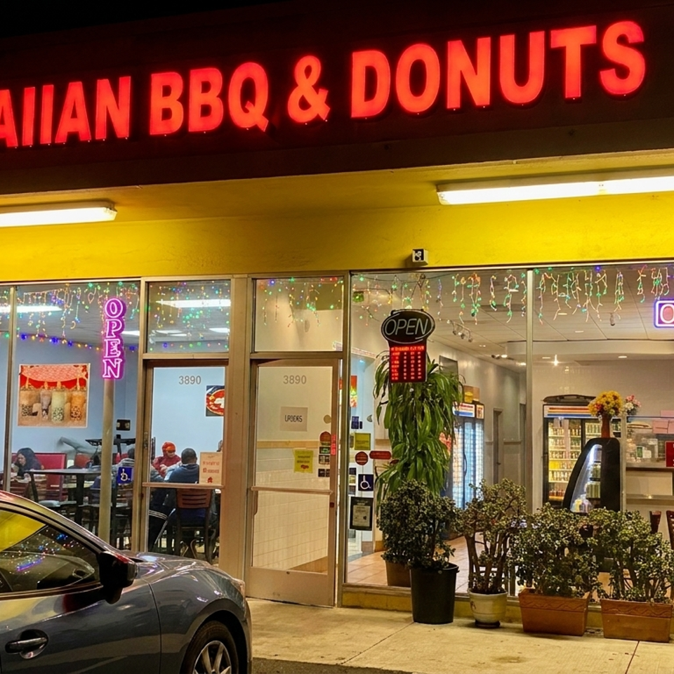 Exterior of SH Hawaiian BBQ & Donuts at night, with glowing red sign and colorful string lights.