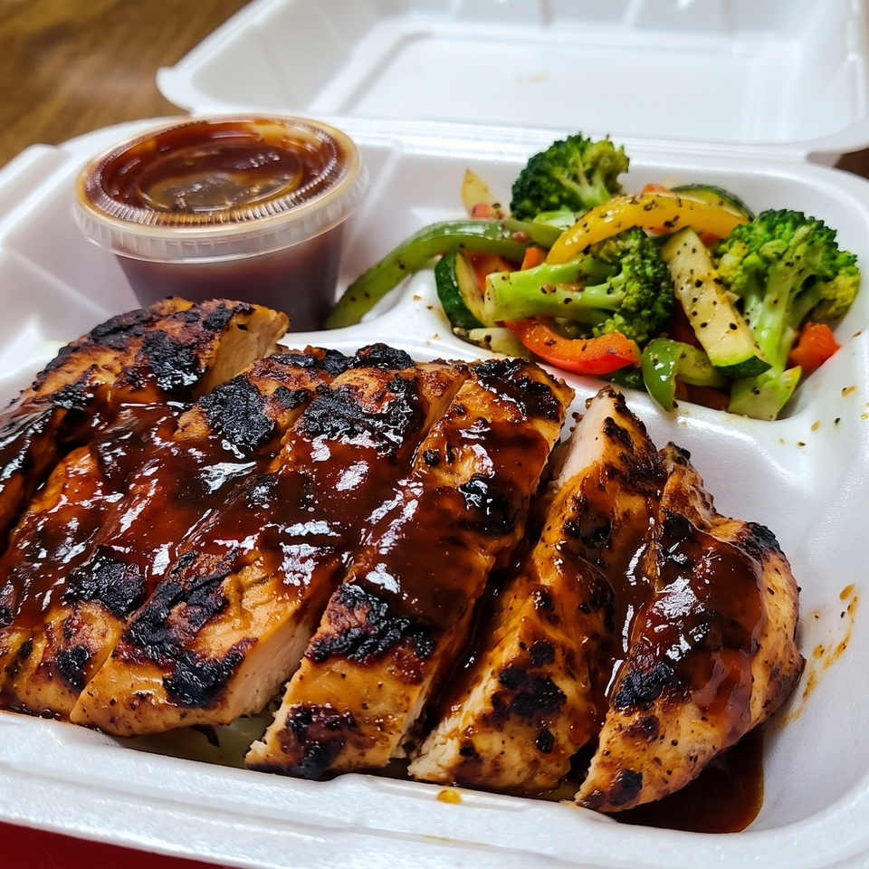 Sliced grilled chicken with barbecue sauce, a side of mixed vegetables, and a sauce cup in a takeout container.