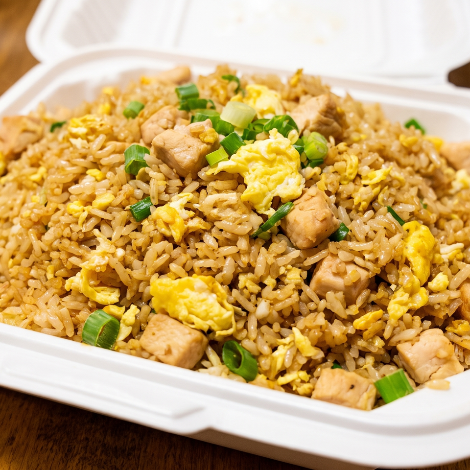 Chicken fried rice with scrambled egg and green onions in a white takeout container.