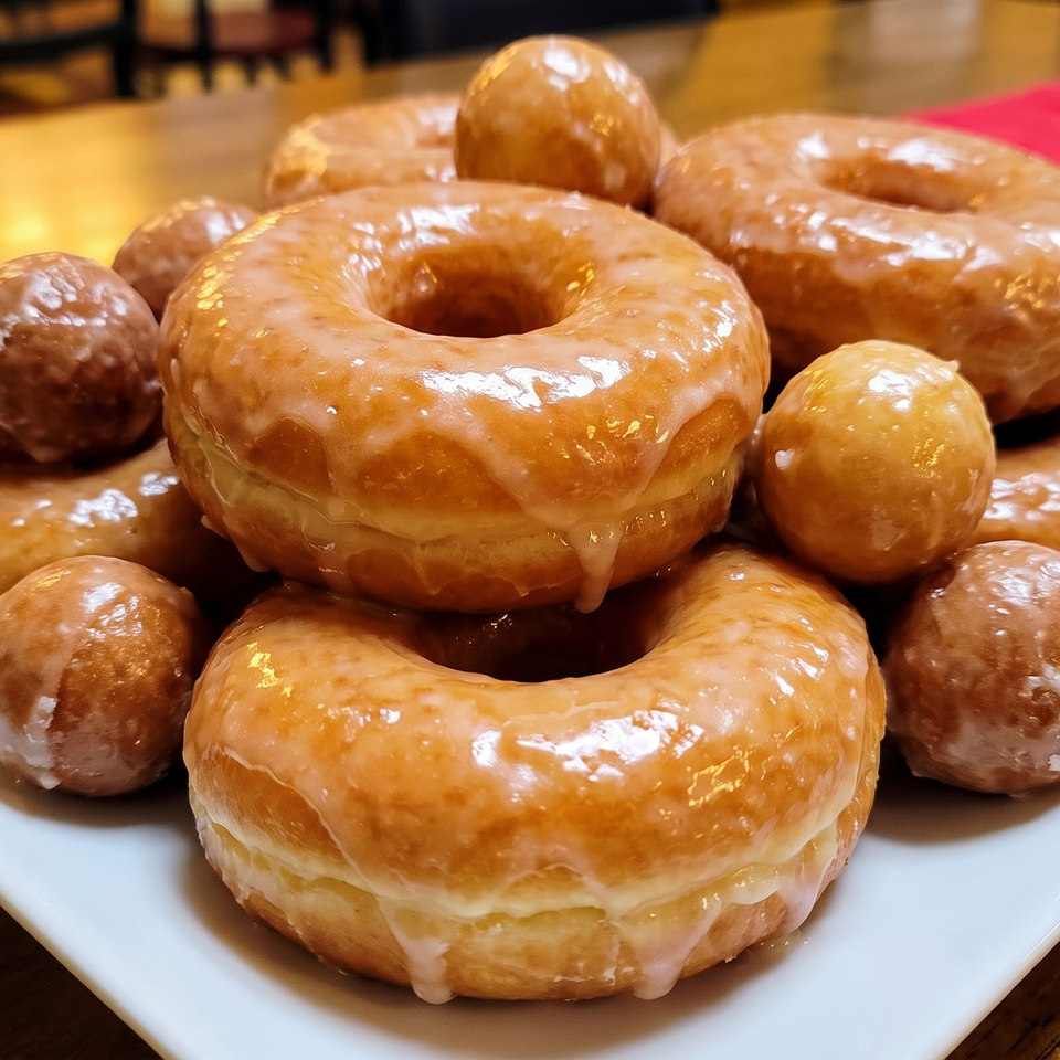 A white rectangular plate piled high with glazed donuts and donut holes on a wooden table.