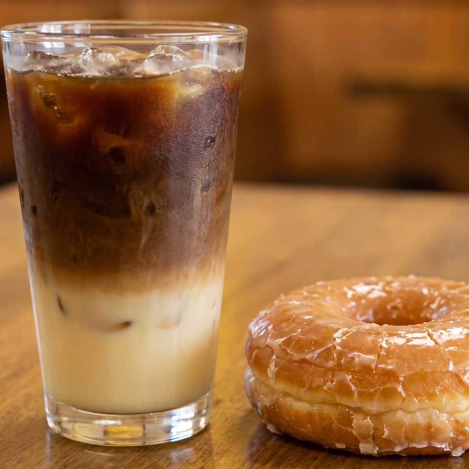 Iced coffee with milk and a glazed donut on a wooden table.
