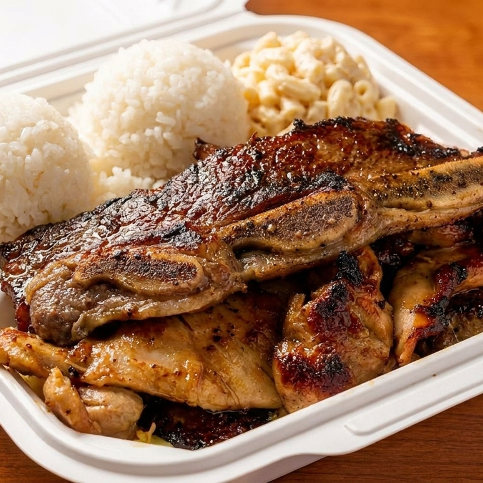 Grilled short ribs and chicken with two scoops of rice and macaroni salad in a takeout container.