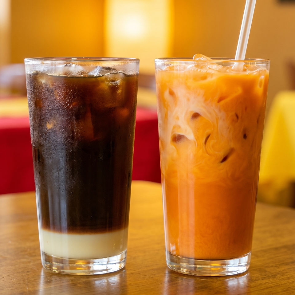Iced coffee with condensed milk and Thai iced tea on a wooden table in a restaurant.