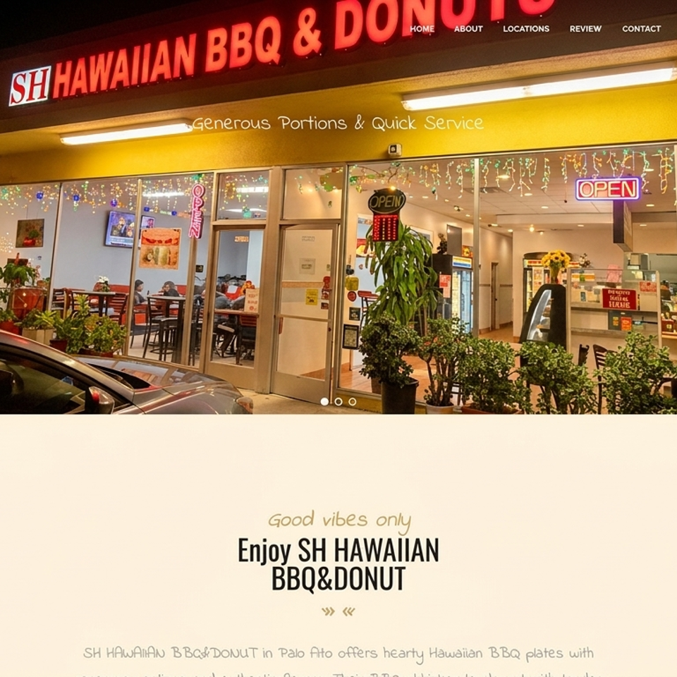 Exterior of SH Hawaiian BBQ & Donut restaurant at night, with bright neon signs and visible interior.