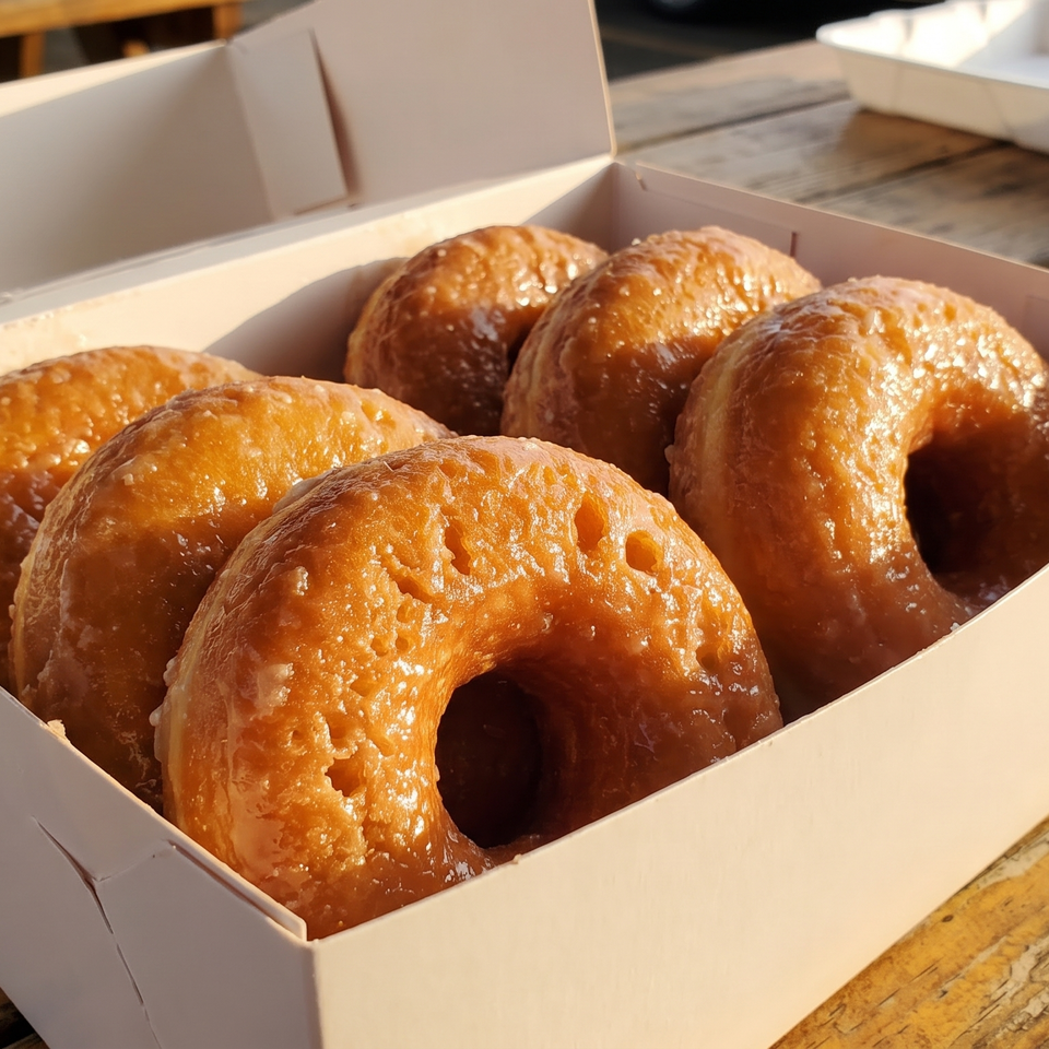 A white box filled with six golden-brown glazed donuts sits on a rustic wooden table.