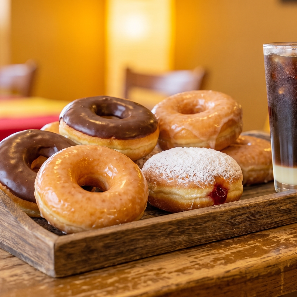 Assorted donuts on a wooden tray next to an iced coffee with condensed milk on a rustic table.