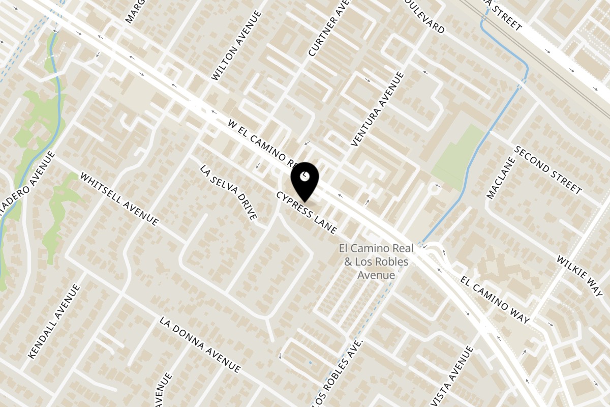 Map showing the location of SH HAWAIIAN BBQ&DONUT on 3890 El Camino Real in Palo Alto